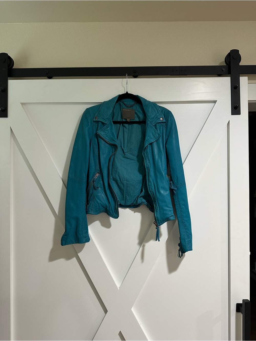 Muubaa Teal Leather Moto Jacket